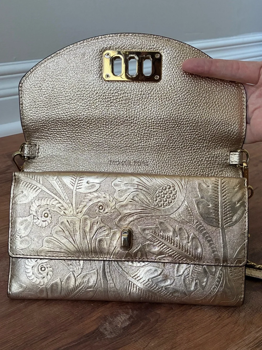 Michael Kors Metallic Embossed Leather Clutch Crossbody